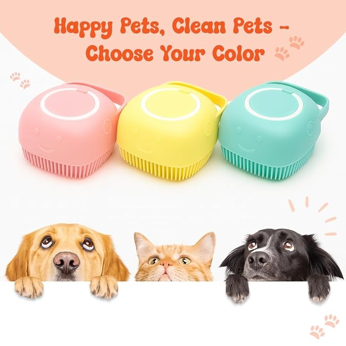 HamInWay Dog Bath Brush, 2-in-1 Dog Brush for Grooming with Built-in Shampoo Dispenser, Gentle Silicone Bristles for Bath & Massage,Easy Clean Design for Dog, Cats & Small Pets, Pink