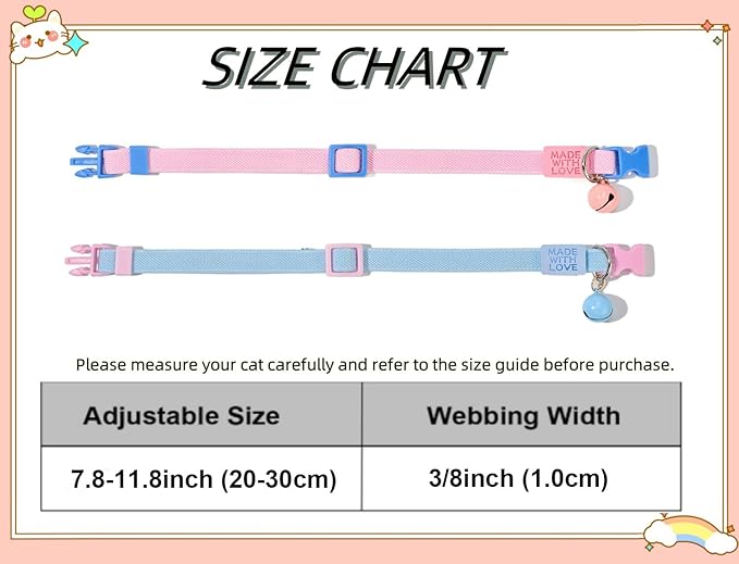 Elastic Cat Collar 2 Pack of Safety Quick Release Cat Collars with Bell Anti-Suffocation Kitten Puppy Collars(Pink+Blue)