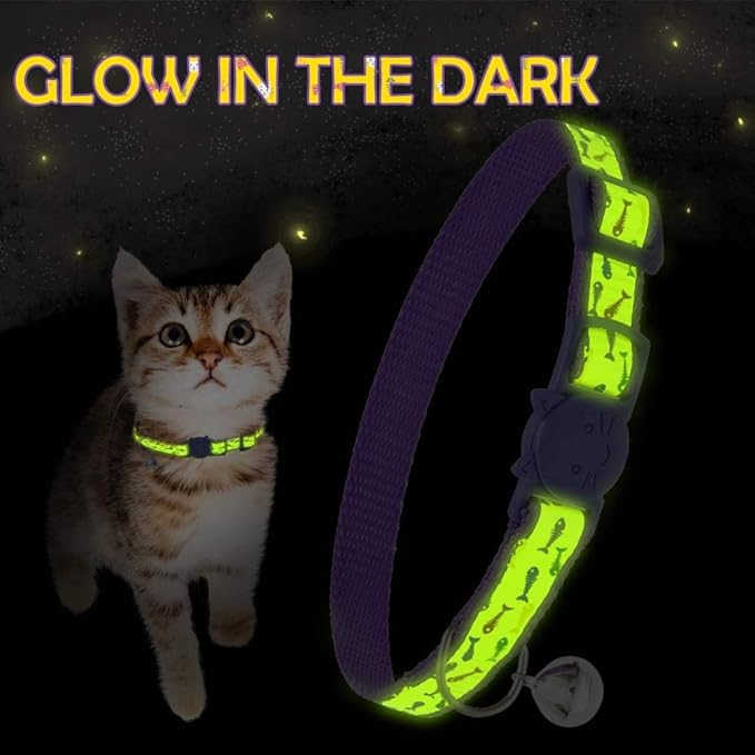 Cat Collars Breakaway with Bell - Glow in The Dark Collar 4 Pack - Fish & Cat Pattern 4 Colors for Kitty and Puppies, Adjustable from 7-11 Inch