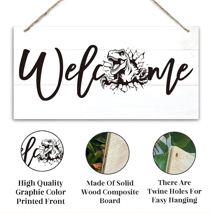 Welcome Sign for Front Door, Welcome Decor Wooden Hanging Sign, Tyrannosaurus Rex Pattern Wall Hanging Decor, Funny Wooden Outdoor Front Door Decoration 13.8X6.9 inches