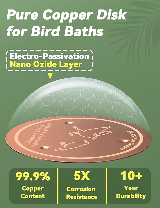 CNARIO Copper Disk for Bird Baths, Bird Baths 99.99% Pure Copper Cleaning Disk, Safe Natural Solution, 0.6mm Thick with Stable Triple-Point Support, All-Season Use