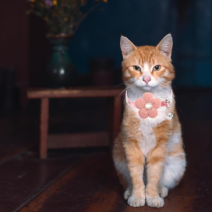 Cat Collar, HYQHYX Breakaway Kitten Collar with Flower,Rhinestone Kitty Collar with Bell, Floral Pet Collar with Safety Buckle for Cats and Puppy Dog