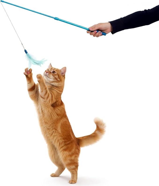 SmartyKat Frisky Flyer Feather Wand Cat Toy, Extendable Up to 24" - Blue, One Size