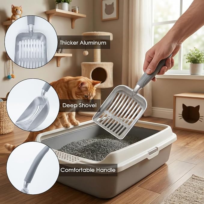 4-in-1 Cat Litter Scoop with Holder, Cat Litter Box Organizer Cleanup Kit - Sweeper & Dustpan, Aluminum Kitty Litter Scooper and Storage Caddy (Gray)