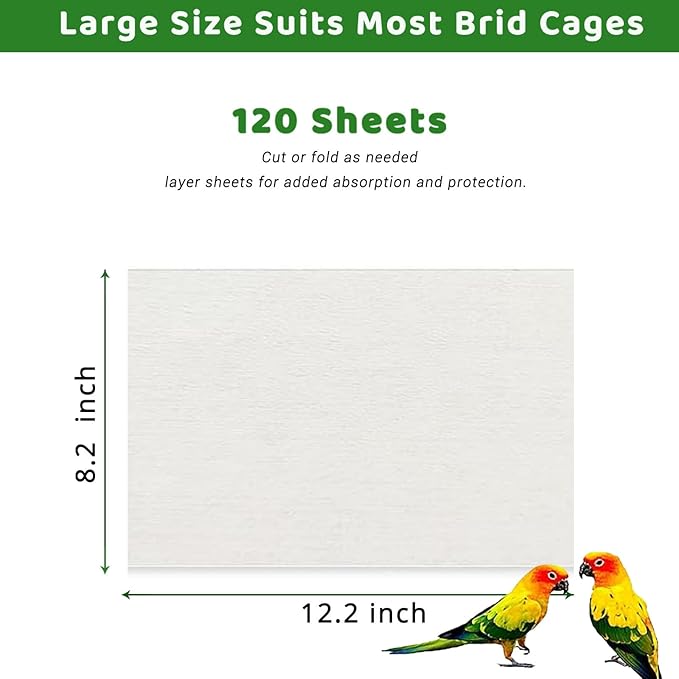 ZIQON 120 Pcs Bird Cage Liner Papers Big Size Cage Paper Liners Disposable Cage Paper Liners Precut Absorbent Cushion Pad Mat Accessories for Pet Bird Parrot (White, 12.2×8.2 inch)