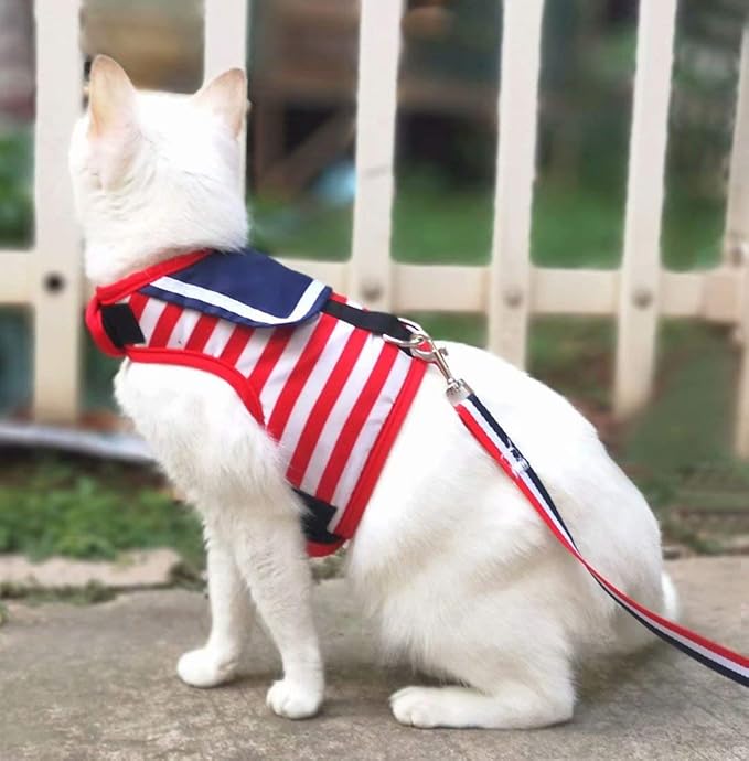 Cat Harness and Leash for Walking Escape Proof, Adjustable Cat Vest Harness, Padded Stylish Cat Walking Jackets, Sailor Suit Red, Medium