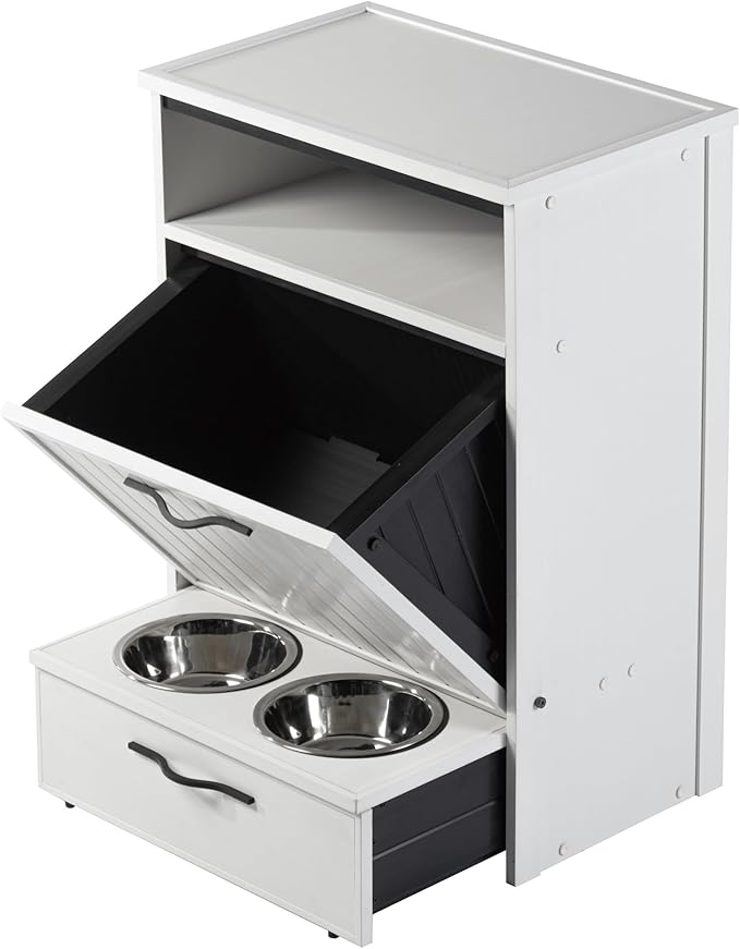 New Age Pet ECOFLEX Brea Dog Food Pantry in Antique White, Two 32 oz Bowls, Moisture Resistant, Easy Assembly, Holds 25 lbs
