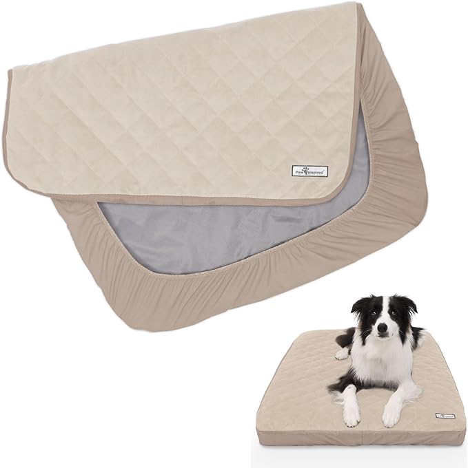 Paw Inspired Waterproof Fitted Cover for Dog Bed | Washable Bed Protector for Dog Mattress | Removable Replacement Cover for Medium to Large Pet Bed (Beige, 36 x 27 x 5 Inch)