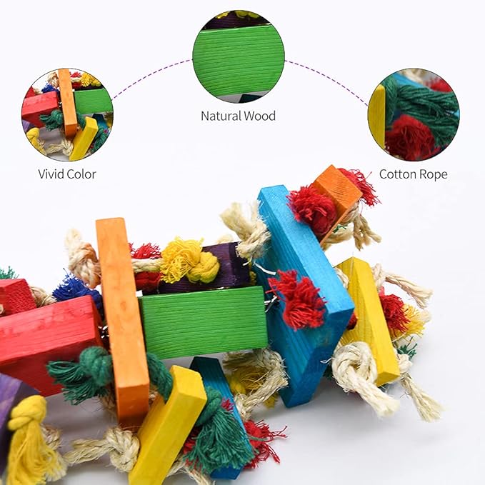 RUBY.Q Large Parrot Toy, 20in Bird Parrot Toy, Multicolored Natural Wooden Bird Chewing Toys for Large Macaws, African Grey and a Variety of Amazon Parrots