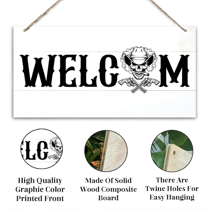 Welcome Sign for Front Door, Welcome Decor Wooden Hanging Sign for Wall Decor, CowBoy Skeleton Pattern Hanging Signs, Funny Wooden Outdoor Front Door Decoration 13.8X6.9 inches