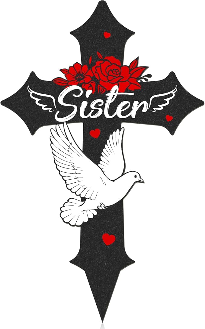 Cross Grave Decorations for Cemetery, Sympathy Memorial Stakes for Loss of Sister, Metal Grave Markers for Cemetery for Sister Outdoors Yard Garden (12 X 7.5 Inches)