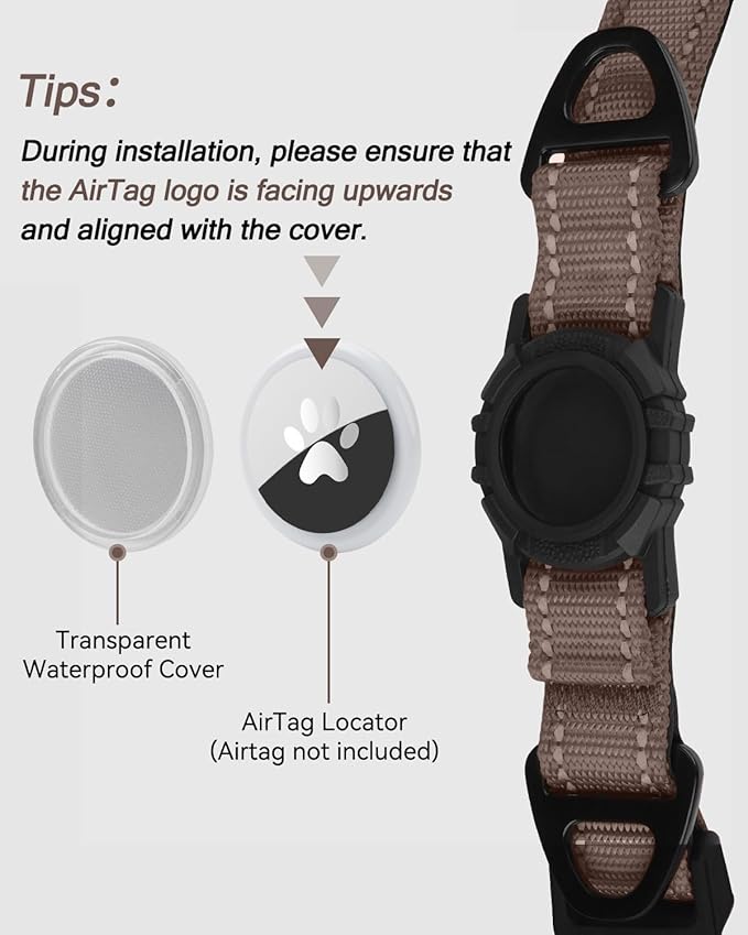 Joytale Airtag Dog Collar, Reflective Pet Collar with Waterproof AirTag Holder, Dual D-Rings, Soft Padded Adjustable for Small Dogs, Brown, S
