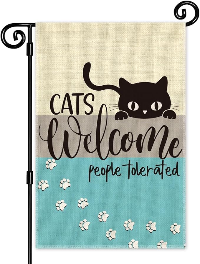 Cats Welcome People Tolerated Garden Flag, Pet Lover Porch Flag, Outdoor Home Decor Double Sided Yard Flags Banner for Patio Lawn, Cat Lovers Gifts for Women, Cat Owner Gifts