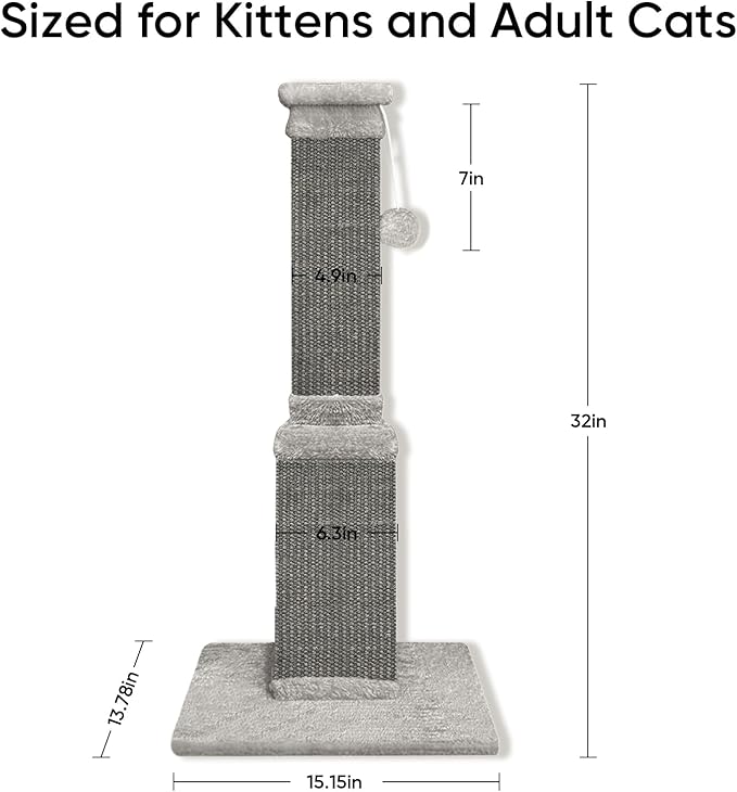 AGYM Cat Scratching Post, 32 Inch Cat Scratching Posts for Large Cats, Scratching Posts for Indoor Cats Adults, Cat Scratch Post with Nature Sisal, Full Gray
