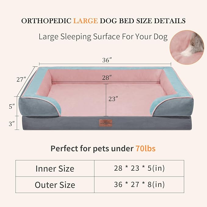 Comfort Expression Orthopedic Dog Bed for Large Dogs 36x27 Inch, Waterproof Egg Crate Foam Large Pet Bed with Removable Bolsters, Dog Couch with Washable Cover & Non-Slip Bottom, Cherry Blossom