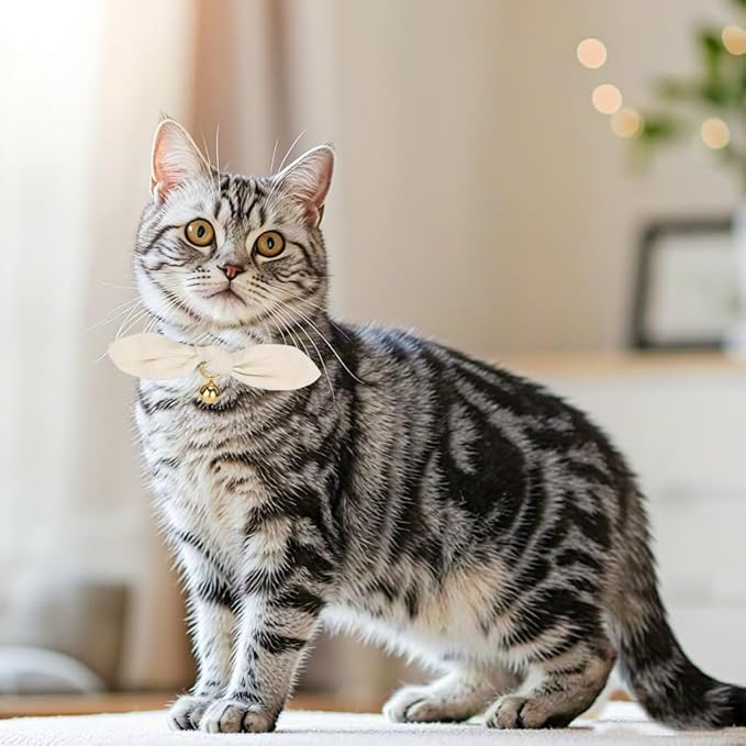 Bunny Ear Cat Collar with Bell and Bow Tie, Breakaway Cute Bowtie Kitten Collars(Cream)