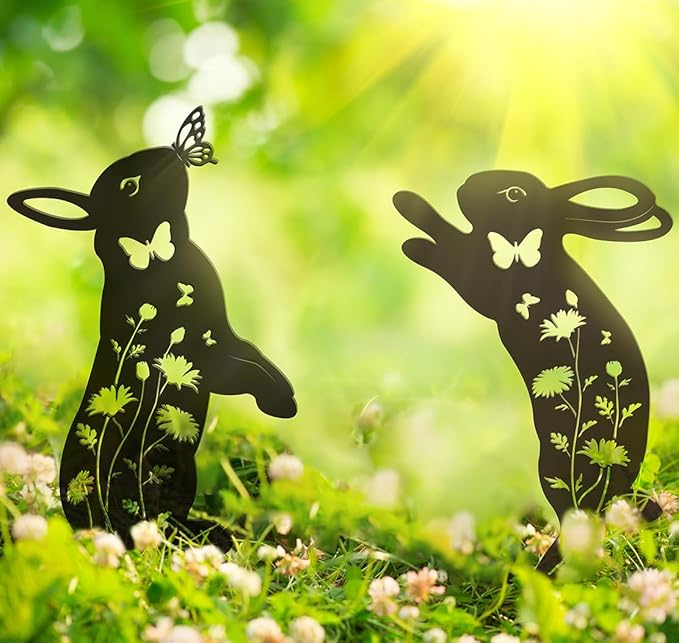 Metal Bunny Garden Decor, 17" Rabbit Yard Decor, Metal Yard Art Animals Garden Stakes Rabbit Silhouette, Rabbits Yard Decorations Outdoor, Bunny Garden Art for Flowerbeds Planters Patios Lawn