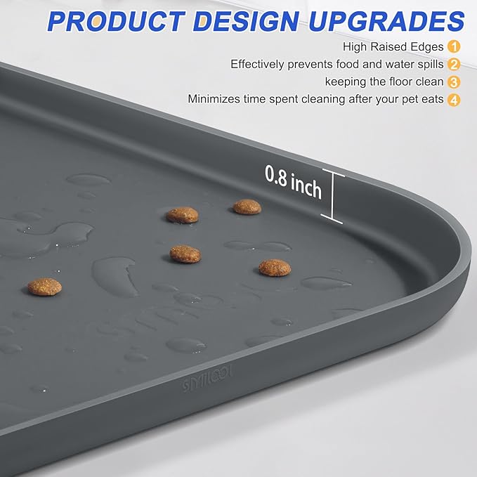 Silicone Pet Feeding Mat with Raised Edge for Food and Water, Dog Bowl Mats, Cat Bowls Placemat with High Lip for Floor Waterproof, Rubber Tray for Cats and Dogs 24 x 16 x 0.8 Dark Grey
