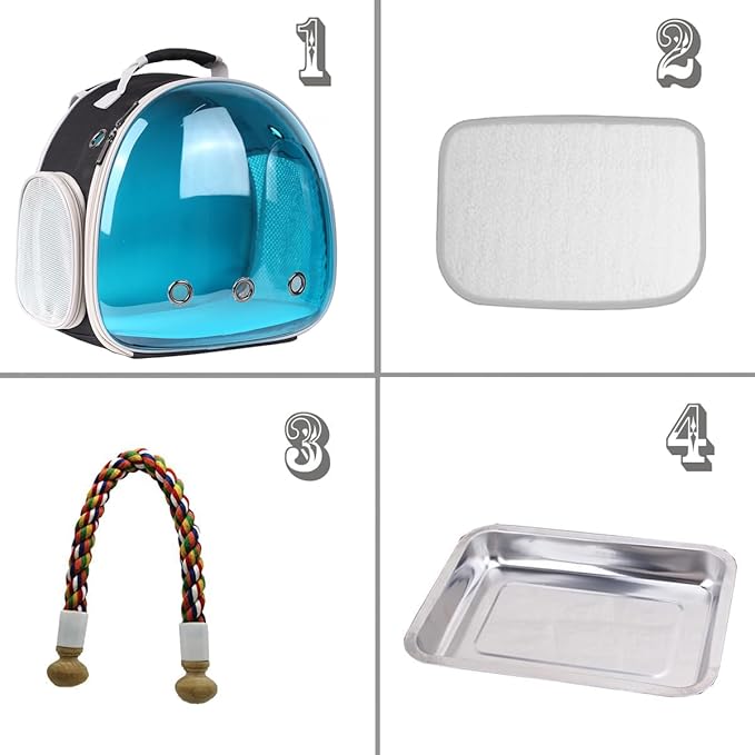 Polarized Tinted Blue Bubble Small Bird Carrier Travel Cage, Portable Bird Carry Backpack with Stainless Steel Tray and Standing Perch for Parakeet Cockatiel Budgies