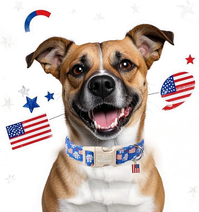4th of July Dog Collar, Robot Star-Spangled Patriotic Dog Collars for Large Dogs, Adjustable Lightweight Quick-Release Buckle Collar for Boy&Girl Dogs L