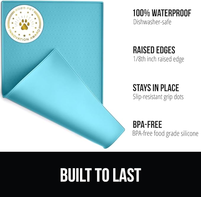 GORILLA GRIP 100% Waterproof Raised Edge BPA Free Silicone Pet Feeding Mat, Dog Cat Food Mats Contain Spills Protects Floors Placemats for Cats and Dogs Water Bowl Pets Accessories 18.5x11.5 Turquoise