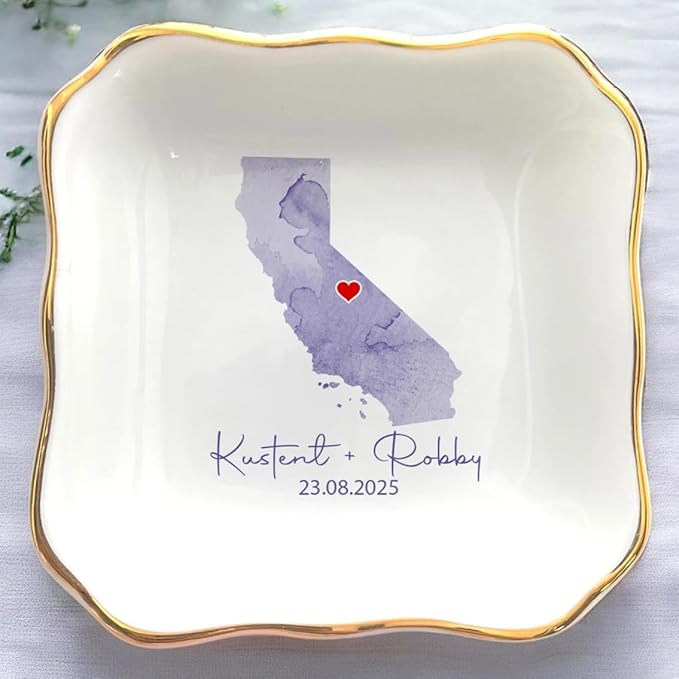 Custom State Location Map Engaged Ring Dish, Ring Holder Dish Engagement Gift, Jewelry Tray Gifts for Newly Engaged Couple, Trinket Dish for Her Bride Wife Bestie