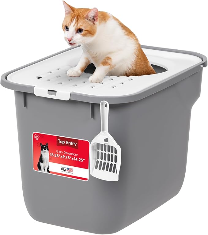 IRIS USA Cat Litter Box, Large Cat Box Enclosure, Top Entry with Litter Catching Lid, Enclosed with Scoop, Gray/White