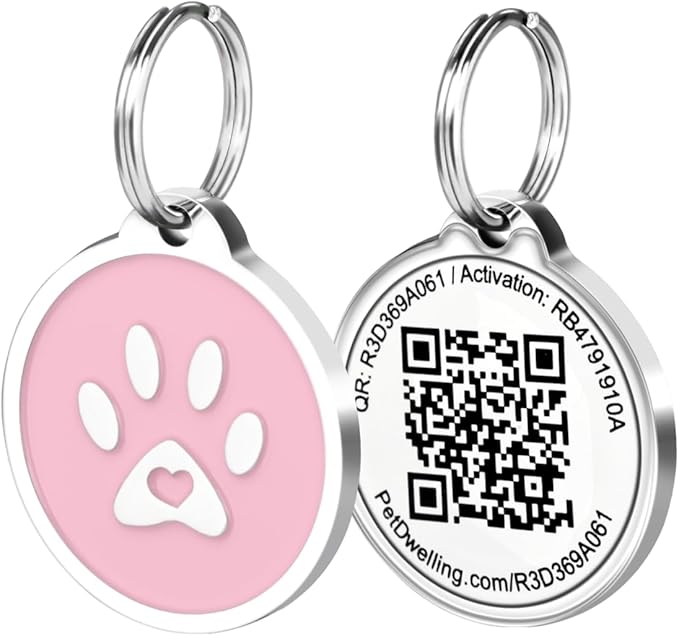 Pet Dwelling QR Pet Tag – Easy Scan Instant Location Alerts, Online Pet Profile with AI Feature for Dogs & Cats (Pink Paw)