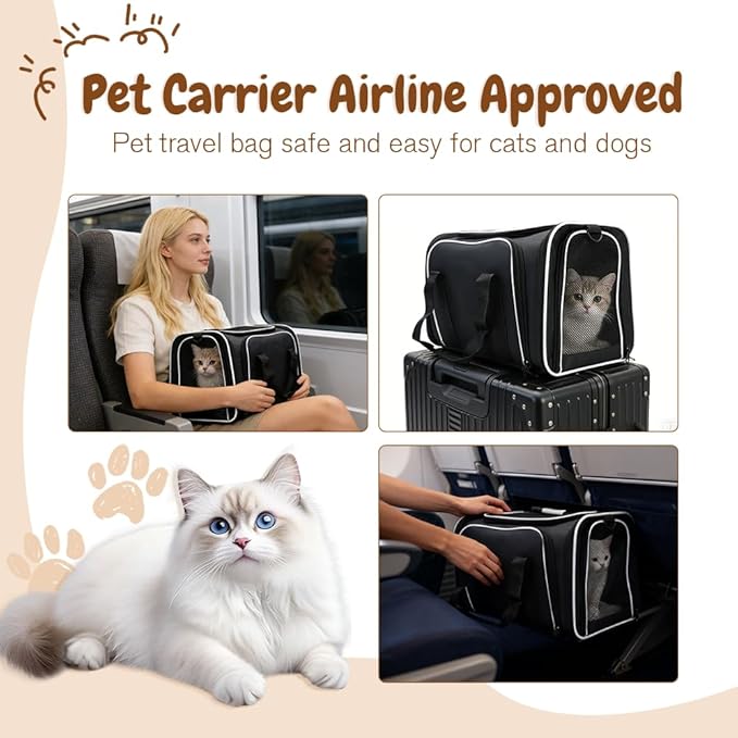 Double Expandable Cat Carrier,Airline Approved Soft-Sided Pet Travel Carrier for Small Dogs Cats Under 15 lbs,Waterproof 600D Oxford Fabric with Washable Replacement Liner,Odor-Free & Claw-Proof Black