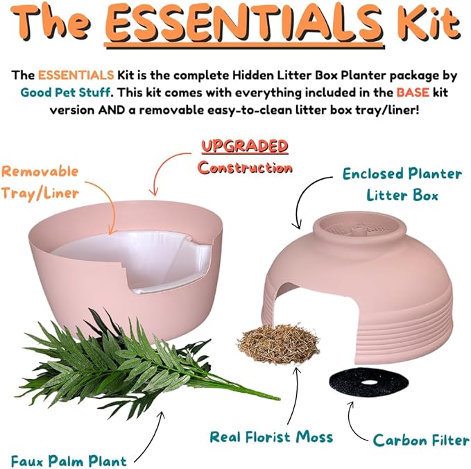 Good Pet Stuff Hidden Litter Box Planter, Decorative Cat Litter Enclosure with Carbon Filter, Artificial Plant, Easy Clean, Removable Liner, Round Style, Essentials Kit, Blush Pink