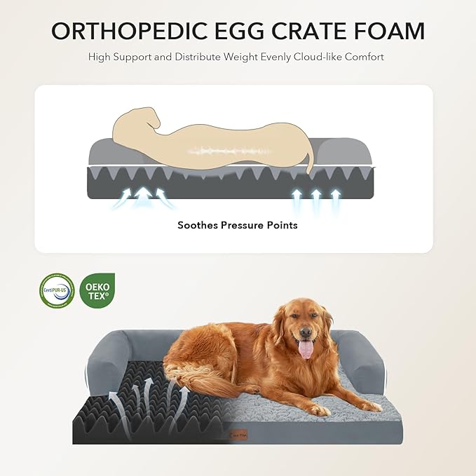 Orthopedic XXL Dog Beds, Waterproof Egg Crate Foam Big Pet Bed for All Breed Sized Dogs 53x42Inch, Washable Extra Large Dog Couch Bed with Removable Cover and Non-Slip Bottom, Grey