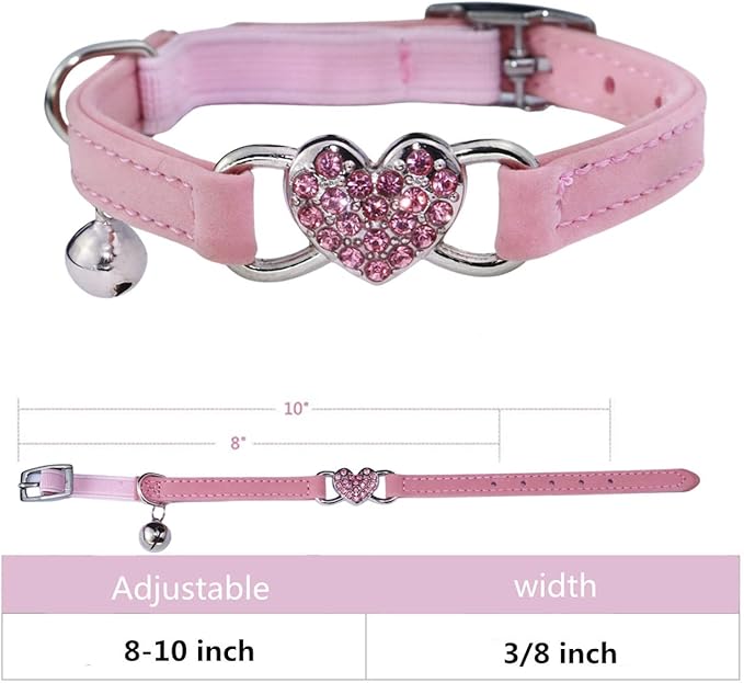 Heart Bling Cat Collar with Safety Belt and Bell Adjustable 8-10 inches for Kitten Cats (Black+Pink)