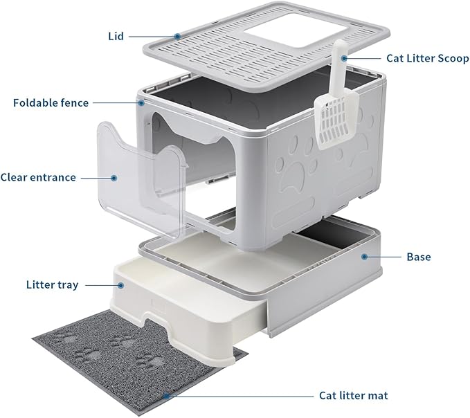 Cat Litter Box with Litter Mat and Scoop, Large Covered Litter Box with Lid, Front Entry Top Exit Kitty Box, Odor Control, Easy to Clean (Grey)