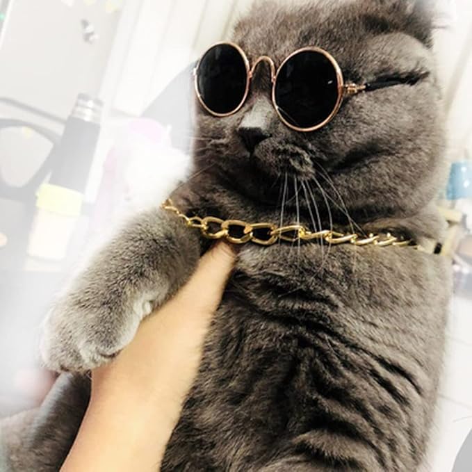 6 Pieces Pets Dog Cat Bowtie Pet Sunglasses and Summer Pet Straw Hat with Faux Gold Chain Pet Costume Adjustable Formal Necktie Collar for Cats Small Dogs Puppy Grooming Accessories