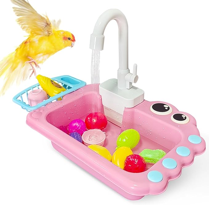 PINVNBY Parrot Bath Tub Bird Automatic Bathtub with Faucet Multifunctional Parakeet Shower Box Bird Bathroom Toys Cage Accessory for Small Medium Birds (Pink