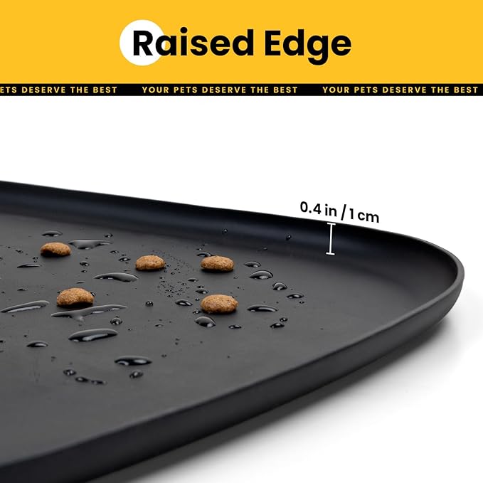 Silicone Dog Food Mat with Side Pocket & Hook Hole, Soft Raised Edges, Easy Clean Waterproof Non-Slip Pet Feeding Mat for Cats and Dogs Water Bowl, Pets Accessories(18"x12",Black)