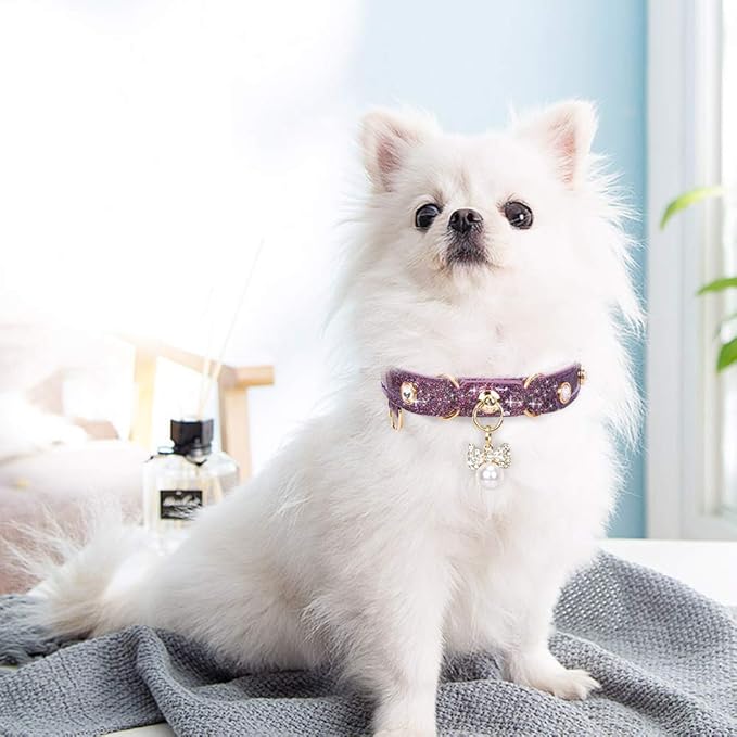 PetsHome Cat Collar, Dog Collar, [Bling Rhinestones] PU Leather Adjustable Pet Collar with Luxury Pendant for Cat and Small Dog Extra Small Purple