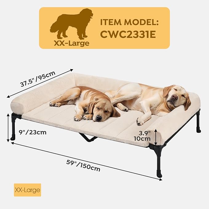 Veehoo Orthopedic Elevated Dog Bed + Removable Fluffy Pillow-Top Mat, Plush Raised Dog Bed with Bolster, Breathable Mesh, No-Slip Feet, Dog Sofa Bed for Indoor & Outdoor, 59"x37.5", XXLarge, CWC2331E