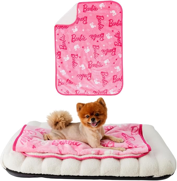 Franco Pet Barbie Super Soft Cozy Waterproof Sherpa-Backed Blanket Throw for Small Dogs, Couch/Bed/Car, 30x40 (Officially Licensed Product)