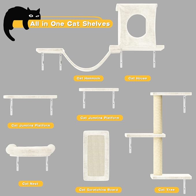 6-in-1 Cat Wall Shelves, Wooden Climbing Wall with Scratching Post, Wall Mounted Cat Furniture for Climbers, Space-Saving Cat Wall for Play & Rest, Drywall & Solid Walls