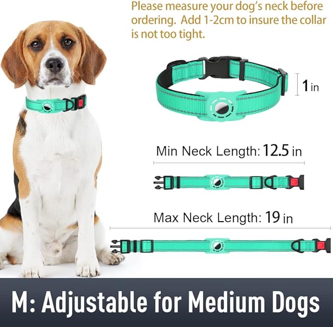 Airtag Dog Collar with AirTag Holder for Medium Dogs, Reflective, Soft Padded & Safety Locking Buckle, Nylon Pet Collars Adjustable for All Breeds, Teal,M