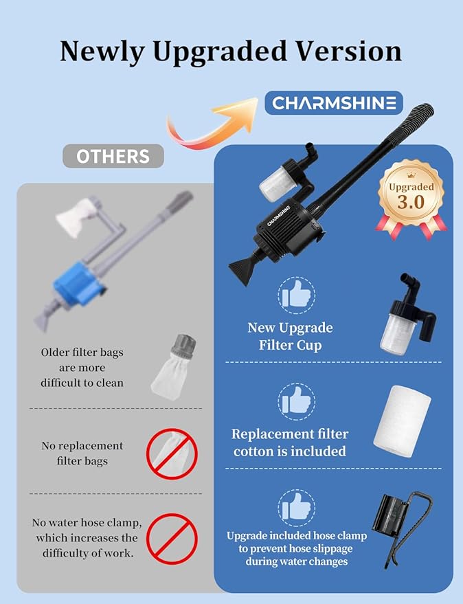 Electric Aquarium Gravel Cleaner [2026 Edition] 6 in 1 Automatic Fish Tank Cleaning Tools Gravel Vacuum for Aquarium Suitable for Change Water Wash Sand (with Filter Cup and Hose Clamp 22W)