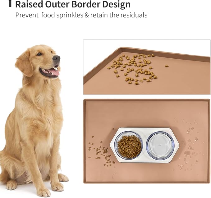 Dog Food Mat,Silicone Waterproof Food Tray,Non Slip Pet Bowl Mats Placemat,1" Raised Edge,Suitable for Most Small and Medium Sized Pets,32" x 24"