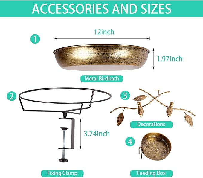 Metal Deck Mounted Bird Bath - 12 Inch Bronze Color Bird Bath for Outdoor with Small Bird Feeder and Decor Branch - Attracts Hummingbirds, Cardinals, Finches