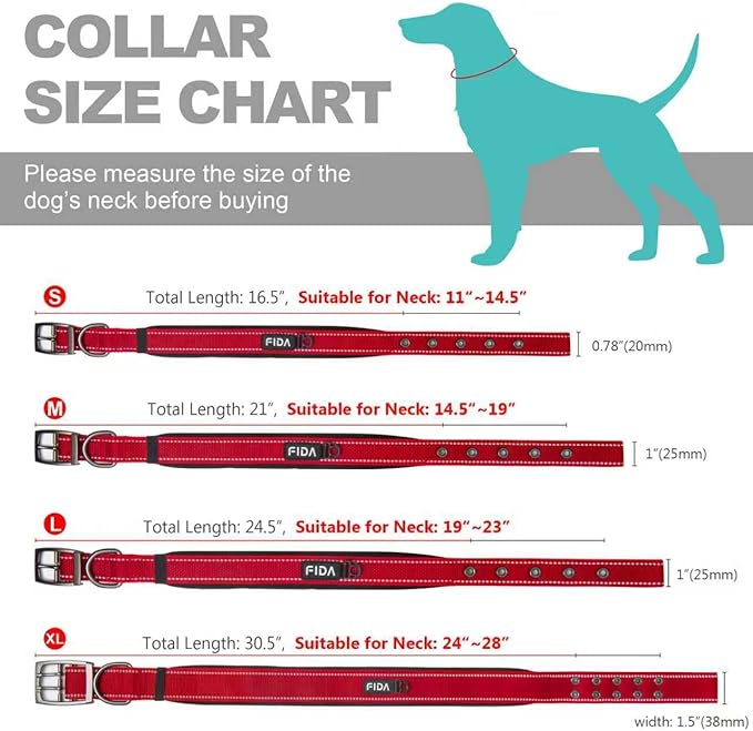 Fida Heavy Duty Dog Collar, Ultra Comfortable Soft Neoprene Padded, Adjustable Reflective Nylon Pet Collar with Durable Metal Belt Buckle for Medium Breeds (M, Red)