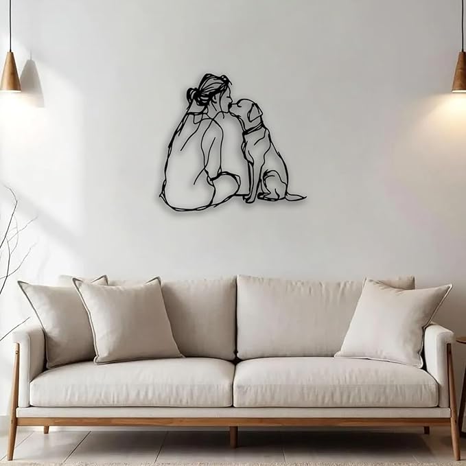 Woman Dog Metal Wall Decor - Pet Lover Room Decor Wall Art Home Decor for Living Room, Bedroom, Dining Room, Bathroom, Office, Pet Shop (Black)