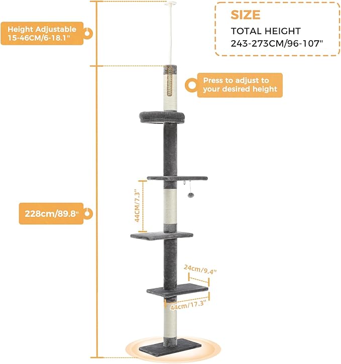 PETEPELA Cat Tower 5-Tier Floor to Ceiling Cat Tree Height(95-107 Inches) Adjustable, Tall Climbing Tree Featuring with Scratching Post, Cozy Bed,Interactive Ball Toy for Indoor Cats/Kitten Grey
