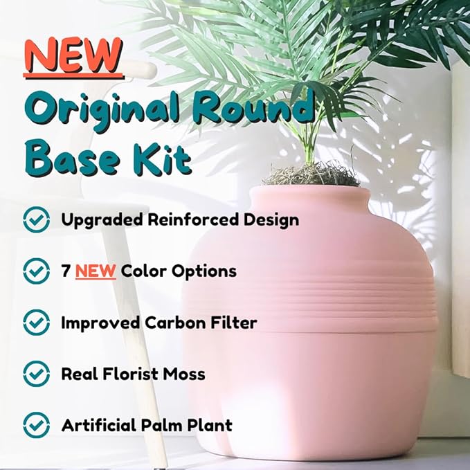 Good Pet Stuff Hidden Litter Box Planter, Decorative Cat Litter Enclosure with Carbon Filter, Artificial Plant, Easy Clean, Improved Design, Round Style, Base Kit, Blush Pink