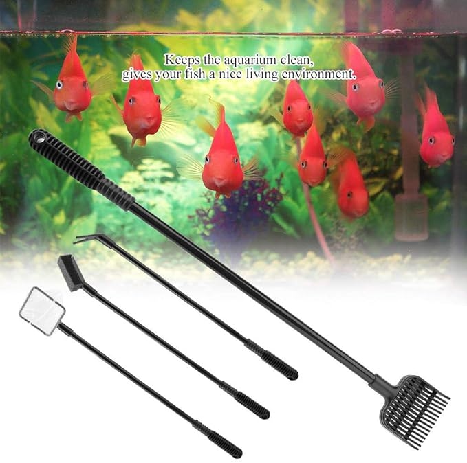 4 in 1 Portable Aquarium Cleaning Tool Set Long Handle Fish Cleaner Include Fish Net Shovel Sponge Brush Plant Fork