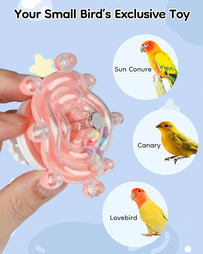 Pawfly 2 Pcs Bird Toys for Parakeets, Spinning Wheel Chew Toys, Interactive Spinner Rattle Parrot Toys, Cockatiel Toys, Bird Cage Accessories for Entertainment Chewing Exercise, Blue & Pink
